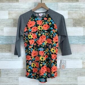 LuLaRoe Randy Baseball Tee Gray Pink Floral Print Womens XS